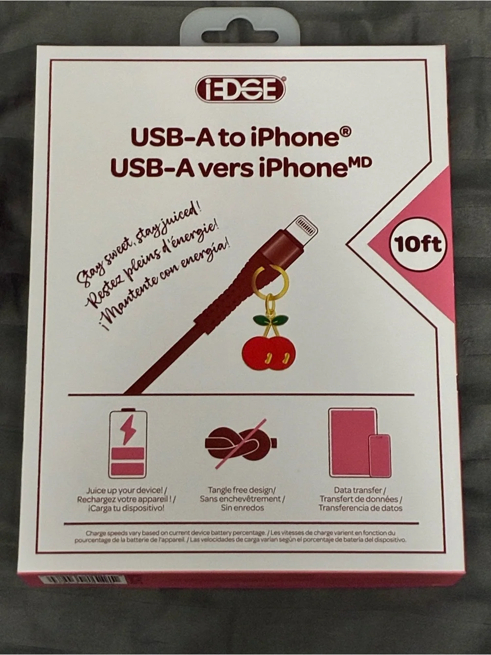 edge Red Fabric USB-A to iPhone Cable with Cherry Charms